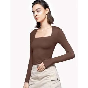 PUMIEY Long Sleeve Shirts for Women Dupes T Shirts Womens Fashion Going Out Tops Fall Outfits Brown Basic Tee, Chocolate, Small
