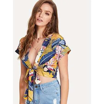 Floerns Women's Summer Printed V Neck Bow Tie Crop Top Blouse Multi M