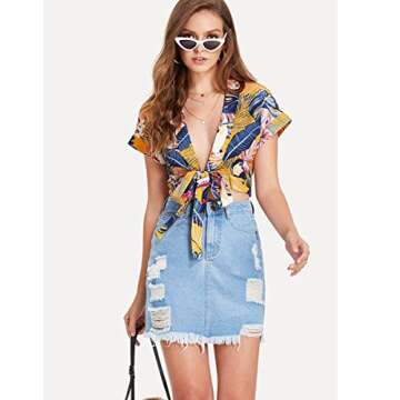 Floerns Women's Summer Printed V Neck Bow Tie Crop Top Blouse Multi M