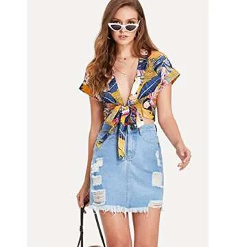 Floerns Women's Summer Printed V Neck Bow Tie Crop Top Blouse Multi M