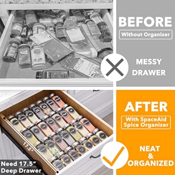 SpaceAid Spice Drawer Organizer with 28 Glass Jars and Labels