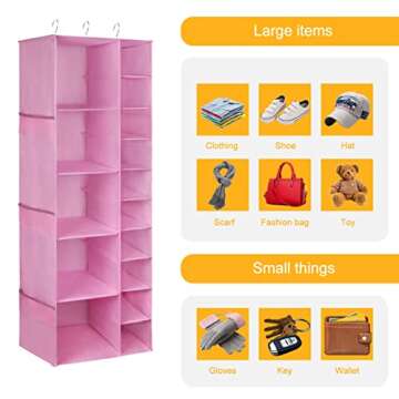 Libeder Shoe Organizer for Closet, 15 Shelf Hanging Closet Storage Shelves - 10 Shoe Rack Organizer and 5 Compartment for Clothes with 6 Side Mesh Pockets for Scarves Socks,Gloves Pink