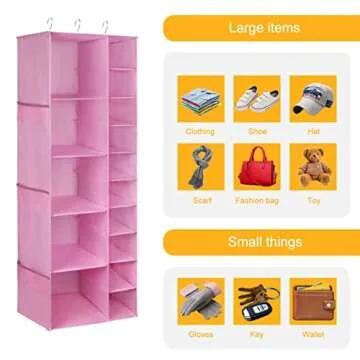 Libeder Shoe Organizer for Closet, 15 Shelf Hanging Closet Storage Shelves - 10 Shoe Rack Organizer and 5 Compartment for Clothes with 6 Side Mesh Pockets for Scarves Socks,Gloves Pink