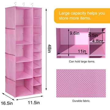 Libeder Shoe Organizer for Closet, 15 Shelf Hanging Closet Storage Shelves - 10 Shoe Rack Organizer and 5 Compartment for Clothes with 6 Side Mesh Pockets for Scarves Socks,Gloves Pink