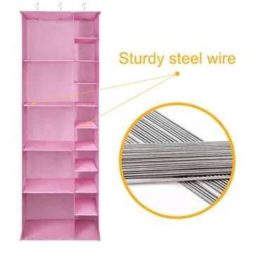 Libeder Shoe Organizer for Closet, 15 Shelf Hanging Closet Storage Shelves - 10 Shoe Rack Organizer and 5 Compartment for Clothes with 6 Side Mesh Pockets for Scarves Socks,Gloves Pink