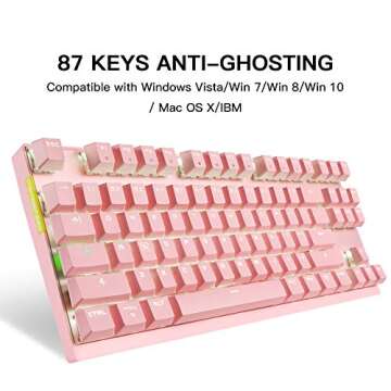 MOTOSPEED 2.4GHz Wireless/Wired Mechanical Gaming Keyboard White Backlit/Durable Battery,Type-C Gaming/Typist Keyboard for Mac/PC/Laptop(Pink, 87 Key Blue Switches)