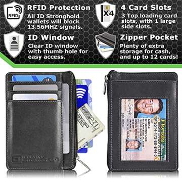 ID STRONGHOLD RFID Front Pocket Wallet Mini Minimalist Wallet Slim Wallet Genuine Leather with Zipper , Black , Small