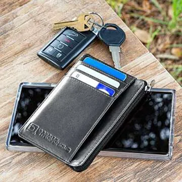ID STRONGHOLD RFID Front Pocket Wallet Mini Minimalist Wallet Slim Wallet Genuine Leather with Zipper , Black , Small
