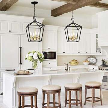 Untrammelife 4-Light Lantern Pendant Light Black and Gold Brushed Brass Kitchen Pendant Light Modern...
