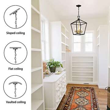 Untrammelife 4-Light Lantern Pendant Light Black and Gold Brushed Brass Kitchen Pendant Light Modern Geometric Chandelier Adjustable Chain Cage Hanging Pendant Light Fixture for Foyer Dining Room