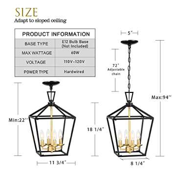 Untrammelife 4-Light Lantern Pendant Light Black and Gold Brushed Brass Kitchen Pendant Light Modern Geometric Chandelier Adjustable Chain Cage Hanging Pendant Light Fixture for Foyer Dining Room