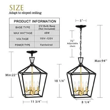 Untrammelife 4-Light Lantern Pendant Light Black and Gold Brushed Brass Kitchen Pendant Light Modern Geometric Chandelier Adjustable Chain Cage Hanging Pendant Light Fixture for Foyer Dining Room