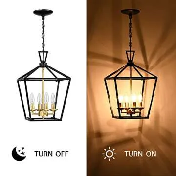 Untrammelife 4-Light Lantern Pendant Light Black and Gold Brushed Brass Kitchen Pendant Light Modern Geometric Chandelier Adjustable Chain Cage Hanging Pendant Light Fixture for Foyer Dining Room