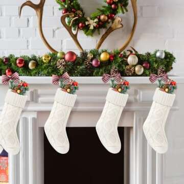 VIBILIA Christmas Stockings 4 Pack, 18 Inches Large Size Knitted Xmas Stocking for Fireplace, Holiday Party Decorations (White)