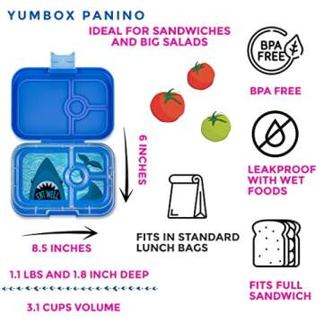 Yumbox Panino Leakproof Bento Lunch Box Container for Kids & Adults (True Blue with Shark Tray)