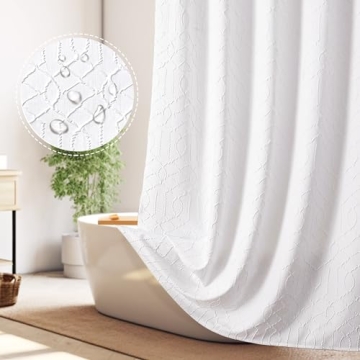 OWENIE White Shower Curtain for Bathroom, 3D Embossed Geometric Polyester White Water-Proof Fabric S...