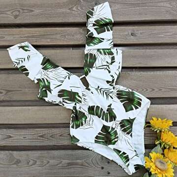 SPORLIKE Women One Piece Swimsuit V-Neck Ruffle Bathing Suit Padded Monokini(Leave 4,X-Large)