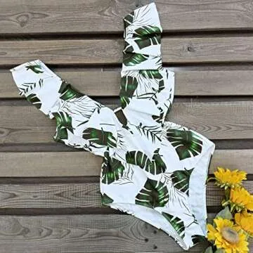 SPORLIKE Women One Piece Swimsuit V-Neck Ruffle Bathing Suit Padded Monokini(Leave 4,X-Large)