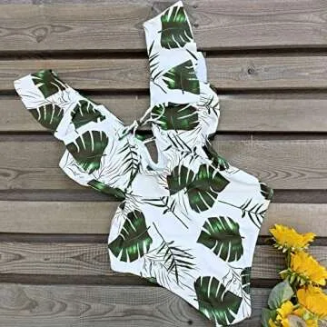 SPORLIKE Women One Piece Swimsuit V-Neck Ruffle Bathing Suit Padded Monokini(Leave 4,X-Large)