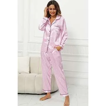 Anjue Women's Silk Satin Pajama Set with Pockets