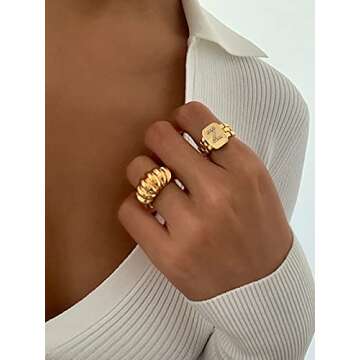 FOCALOOK Gold Initial Rings for Women, Sparkly Crystal Cubic Zirconia Inlaid Alphabet Letter Adjustable Stackable Ring (A)