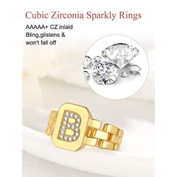 FOCALOOK Gold Initial Rings for Women, Sparkly Crystal Cubic Zirconia Inlaid Alphabet Letter Adjustable Stackable Ring (A)