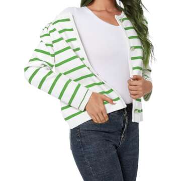 LATAHUO Women's Striped Cardigan Sweater Trendy Long Sleeve Button Down Crewneck Knit Cardigans(Green+White, Medium)