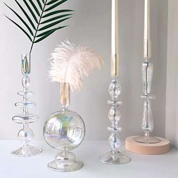 Amanman Candle Stick Candle Holder, Glass Candle Holders for Table Centerpiece, Modern Style Iridescent Candle Holder Mixed 4pcs