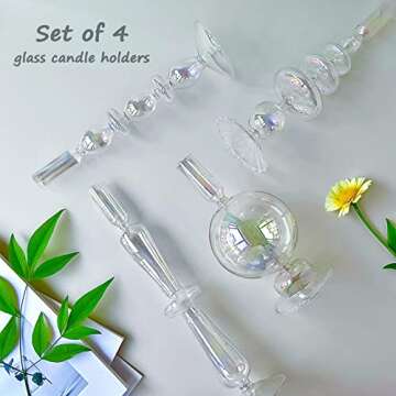 Amanman Candle Stick Candle Holder, Glass Candle Holders for Table Centerpiece, Modern Style Iridescent Candle Holder Mixed 4pcs