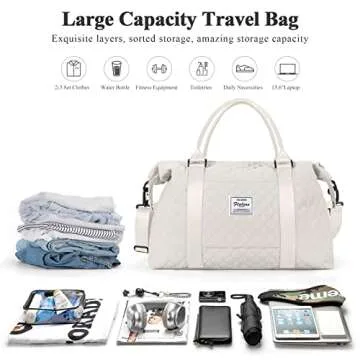 Travel Duffel Bag,Shoulder Weekender Overnight Bag for Women,Personal Item Carry On Bag,Beige