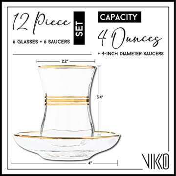 Vikko Turkish Tea Glasses & Saucers, 4 Oz Authentic Turkish Tea Cups,Set of 6 Clear Glass Tea Cups And Saucers, Gold Accented Turkish Tea Cup Set, 6 Cups and 6 Plates