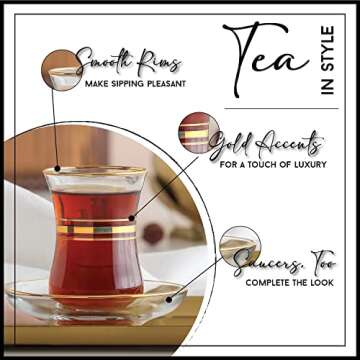 Vikko Turkish Tea Glasses & Saucers, 4 Oz Authentic Turkish Tea Cups,Set of 6 Clear Glass Tea Cups And Saucers, Gold Accented Turkish Tea Cup Set, 6 Cups and 6 Plates
