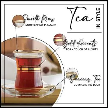 Vikko Turkish Tea Glass Set of 6 Elegant Cups & Saucers