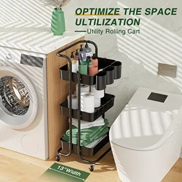 LEHOM 3-Tier Mobile Utility Cart with Hanging Cups & Hooks
