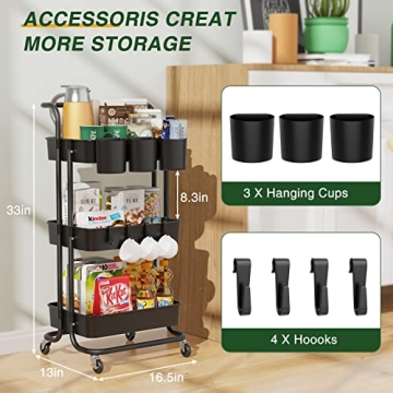 LEHOM 3-Tier Mobile Utility Cart with Hanging Cups & Hooks