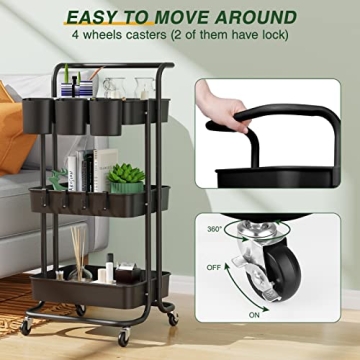 LEHOM 3-Tier Mobile Utility Cart with Hanging Cups & Hooks