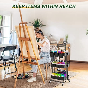 LEHOM 3-Tier Mobile Utility Cart with Hanging Cups & Hooks