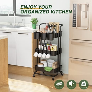 LEHOM 3-Tier Mobile Utility Cart with Hanging Cups & Hooks