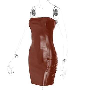 Achieer Women Sexy Strapless Bodycon PU Leather Ruched Latex Dress for Club Party Brown