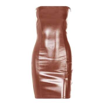 Achieer Women Sexy Strapless Bodycon PU Leather Ruched Latex Dress for Club Party Brown