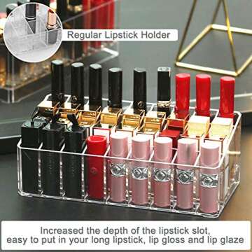 Lipstick Holder Organizer 24 Spaces Acrylic Clear Lipstick Makeup Organizer Storage Clear Case Display Holder Cosmetic Beauty Container for Countertop Vanity, Lipstick, Brushes, Lip Gloss, Bottles