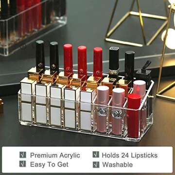 Lipstick Holder Organizer 24 Spaces Acrylic Clear Lipstick Makeup Organizer Storage Clear Case Display Holder Cosmetic Beauty Container for Countertop Vanity, Lipstick, Brushes, Lip Gloss, Bottles
