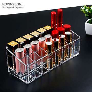 Lipstick Holder Organizer 24 Spaces Acrylic Clear Lipstick Makeup Organizer Storage Clear Case Display Holder Cosmetic Beauty Container for Countertop Vanity, Lipstick, Brushes, Lip Gloss, Bottles