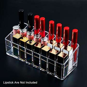 Lipstick Holder Organizer 24 Spaces Acrylic Clear Lipstick Makeup Organizer Storage Clear Case Display Holder Cosmetic Beauty Container for Countertop Vanity, Lipstick, Brushes, Lip Gloss, Bottles