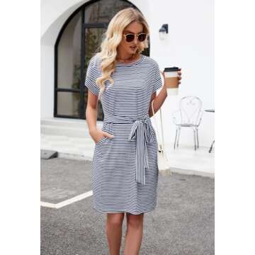 MEROKEETY Women's Summer Striped Short Sleeve T Shirt Dress Casual Tie Waist with Pockets Navy