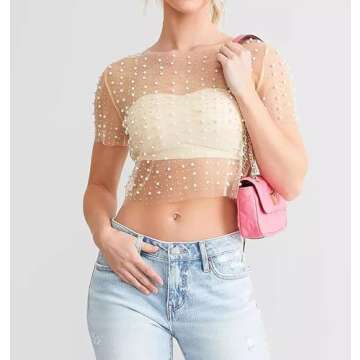 Cioatin Women Rhinestone Pearl Sheer Mesh Short Sleeve Sparkle Tops Y2K Sequin Beaded Crop Top Glitt...