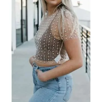 Cioatin Women Rhinestone Pearl Sheer Mesh Short Sleeve Sparkle Tops Y2K Sequin Beaded Crop Top Glitter See Through Shirt