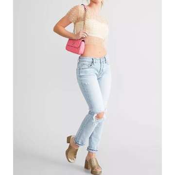 Cioatin Women Rhinestone Pearl Sheer Mesh Short Sleeve Sparkle Tops Y2K Sequin Beaded Crop Top Glitter See Through Shirt