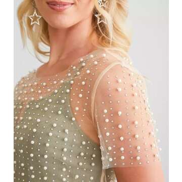 Cioatin Women Rhinestone Pearl Sheer Mesh Short Sleeve Sparkle Tops Y2K Sequin Beaded Crop Top Glitter See Through Shirt