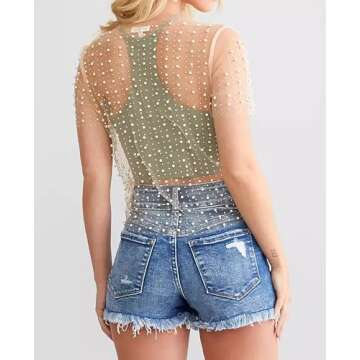 Cioatin Women Rhinestone Pearl Sheer Mesh Short Sleeve Sparkle Tops Y2K Sequin Beaded Crop Top Glitter See Through Shirt